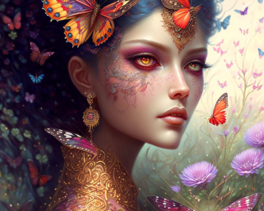 Fantasy portrait of woman with butterfly hair and elaborate body art among whimsical flowers