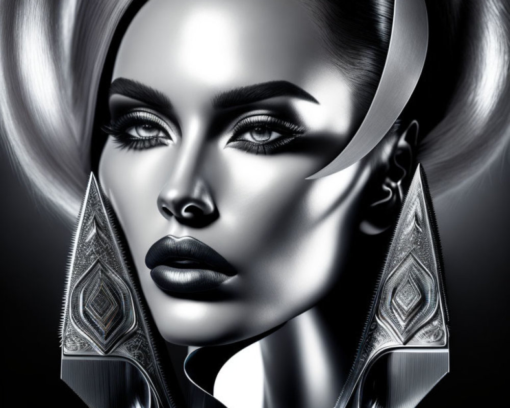 Monochromatic image of woman with bold makeup and metallic shoulder accessories