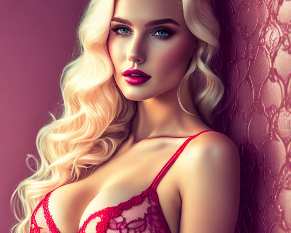 Digital artwork: Woman with blonde hair, blue eyes, red lipstick, red lace lingerie top, pink