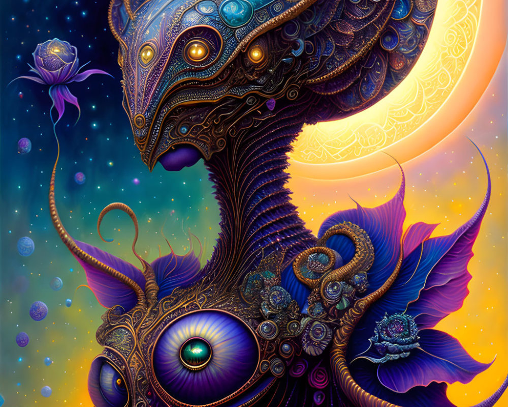 Colorful creature with large eye in starry sky backdrop, blending organic and mechanical elements.