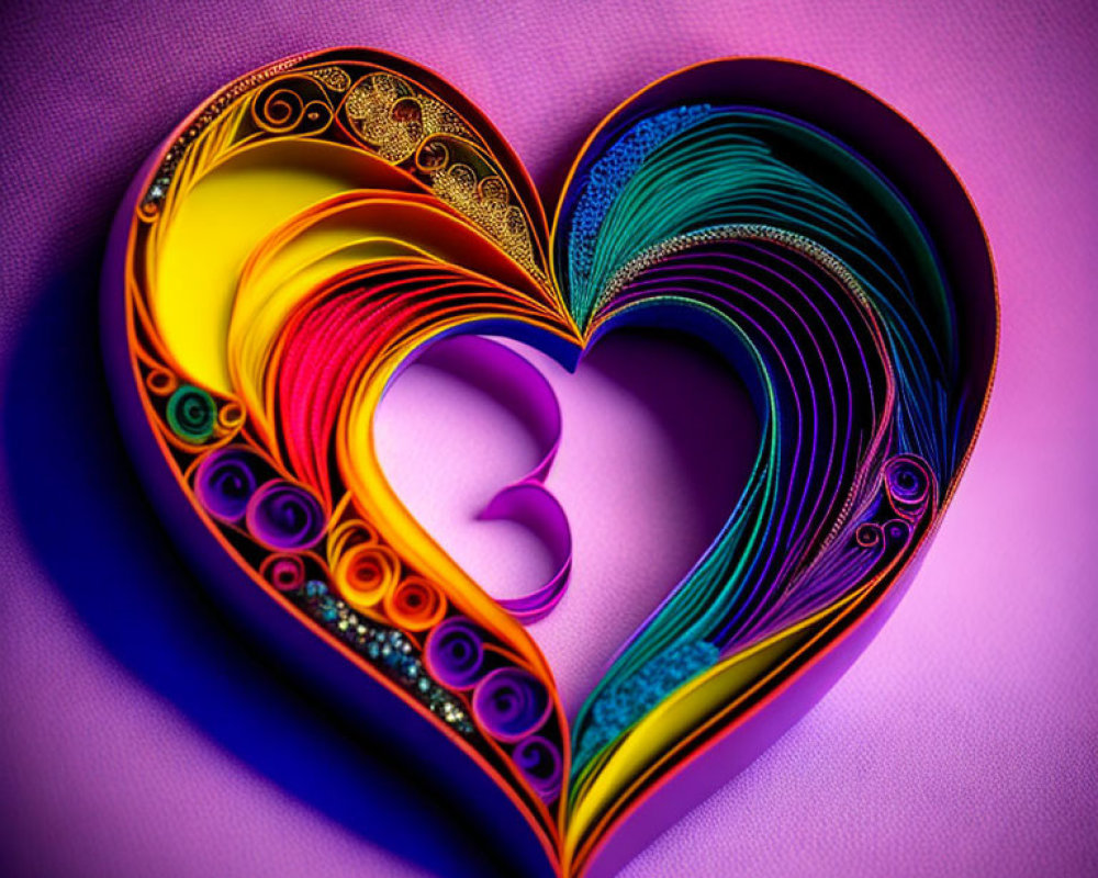 Colorful Heart-Shaped Paper Art on Purple Background