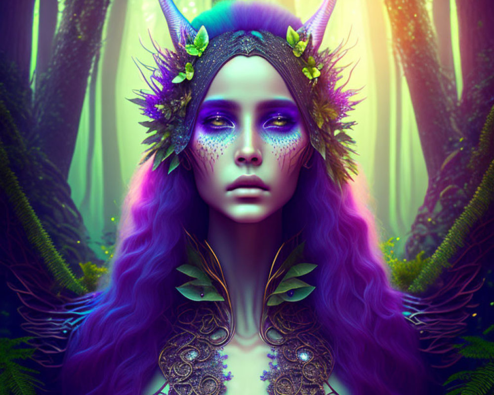 Purple-haired woman with horns in enchanted forest.