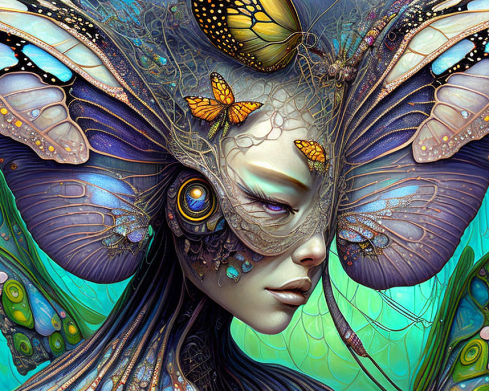 Colorful digital artwork: Woman with butterfly wings for hair and eyes