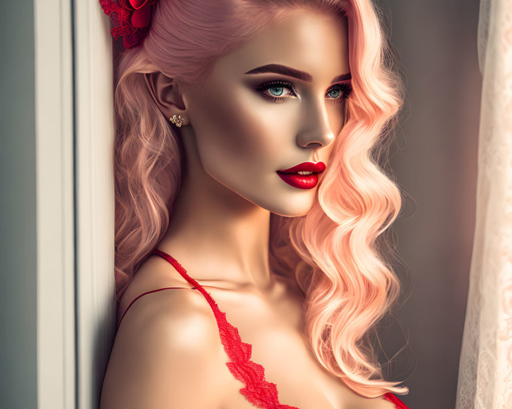 Pink-haired woman in red lace outfit by window with rose accessory