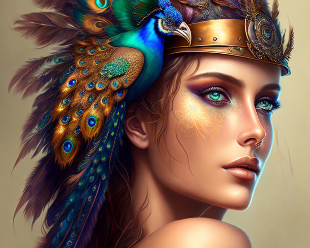 Colorful digital portrait of woman with peacock feather headdress & golden crown