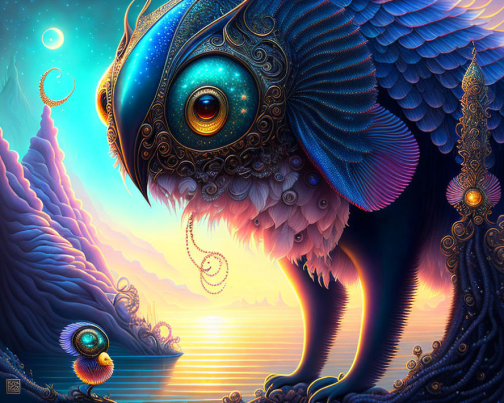 Colorful artwork featuring fantastical creature with oversized eye, ornate feathers, against twilight backdrop.