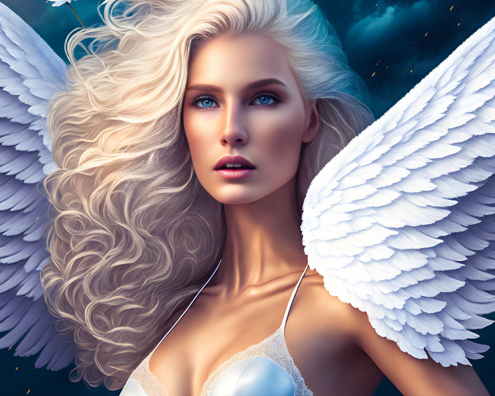 Blonde woman with angelic wings in night sky with daisies