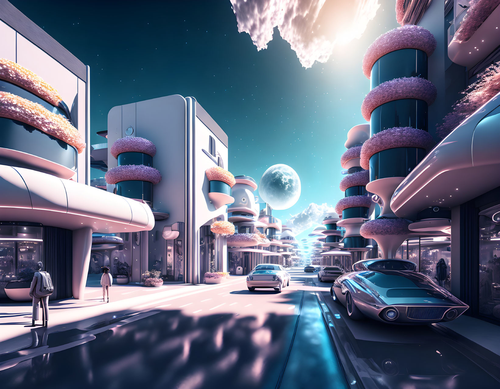 Futuristic city street with sleek cars, pedestrians, and verdant plant life under a celestial sky