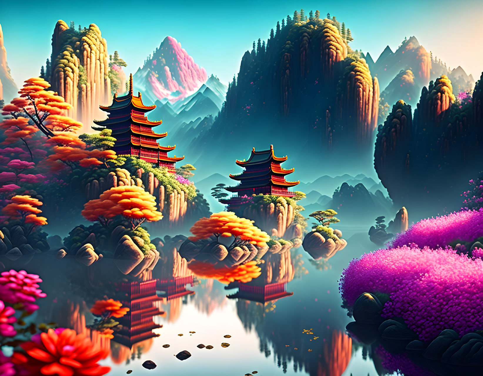 Colorful Pagodas and Misty Peaks in Tranquil Landscape