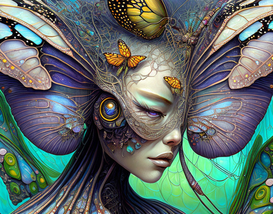 Colorful digital artwork: Woman with butterfly wings for hair and eyes