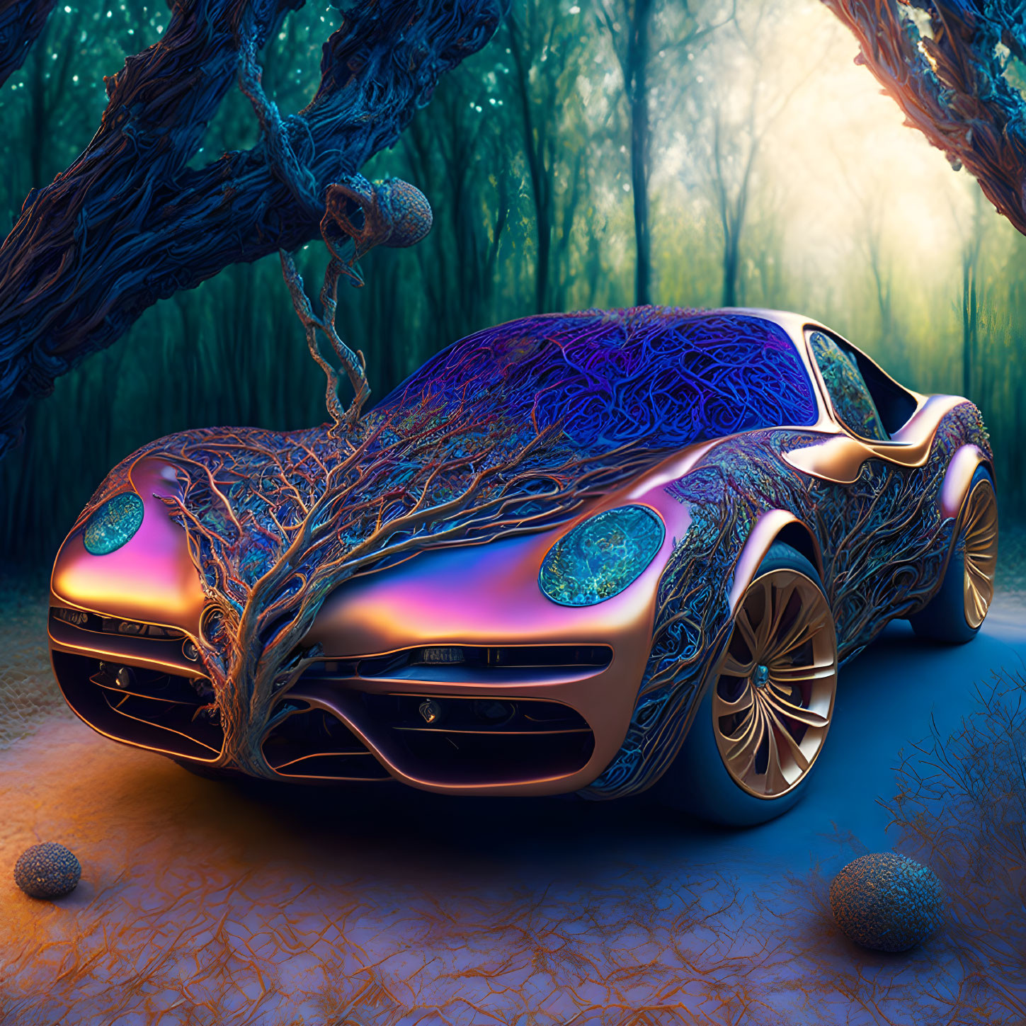 Colorful bio-organic futuristic car parked in enchanted forest setting at dusk