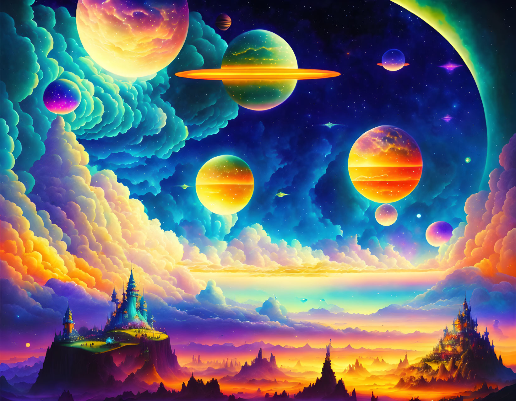 Colorful cosmic landscape with planets, moons, and nebulae against starry sky