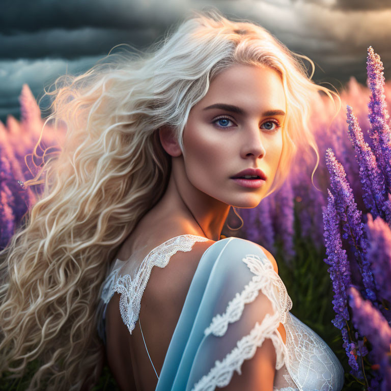 Blonde Woman in White Dress in Lavender Field at Sunset