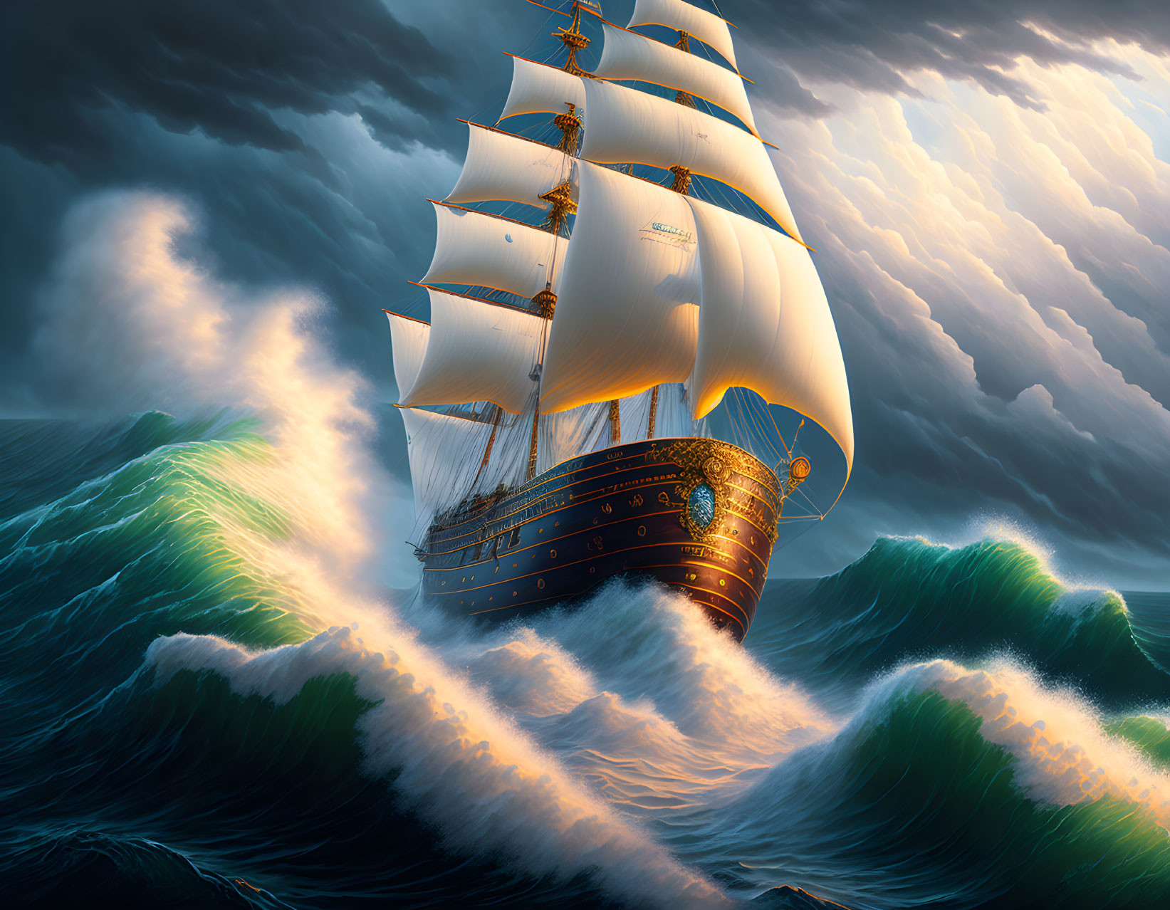 Majestic sailing ship on tumultuous ocean waves under dramatic sky