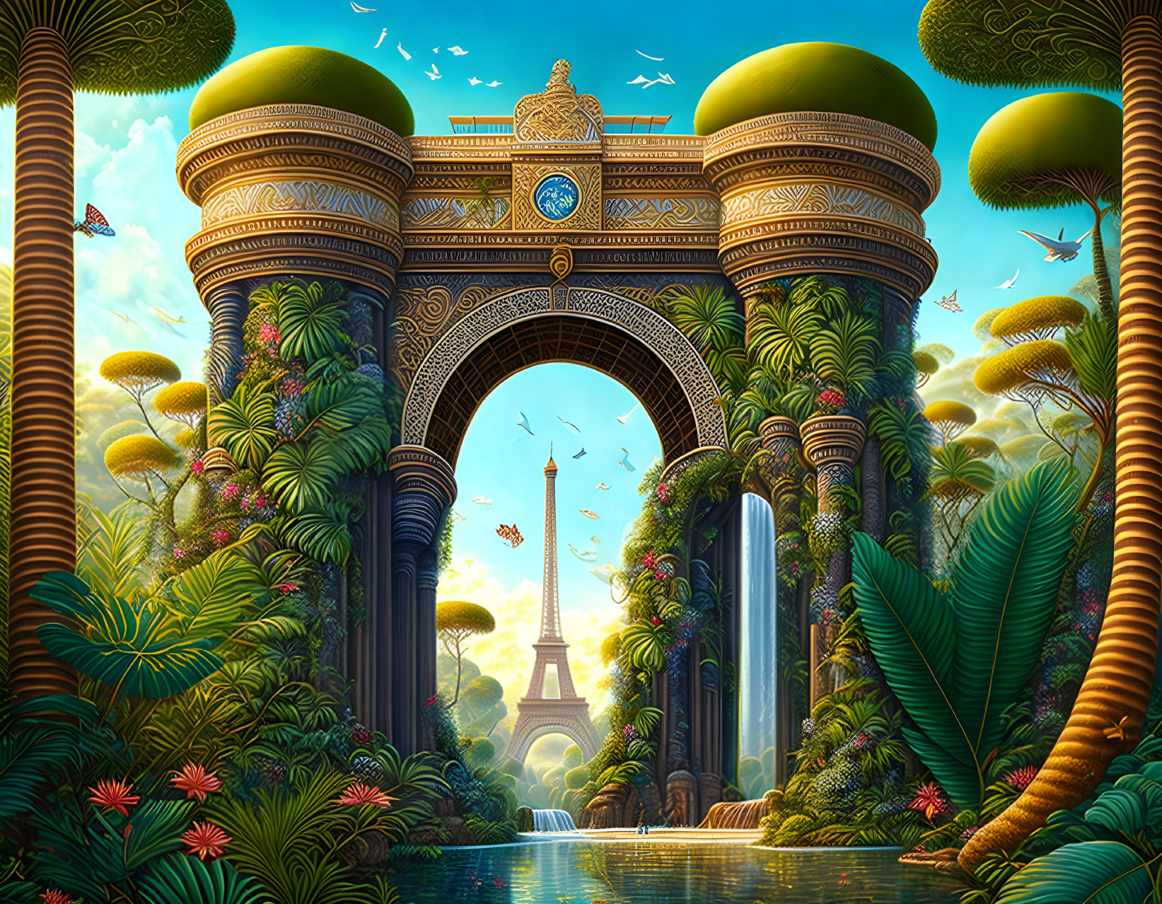 Intricate archway in lush jungle with Eiffel Tower view, waterfalls, and colorful