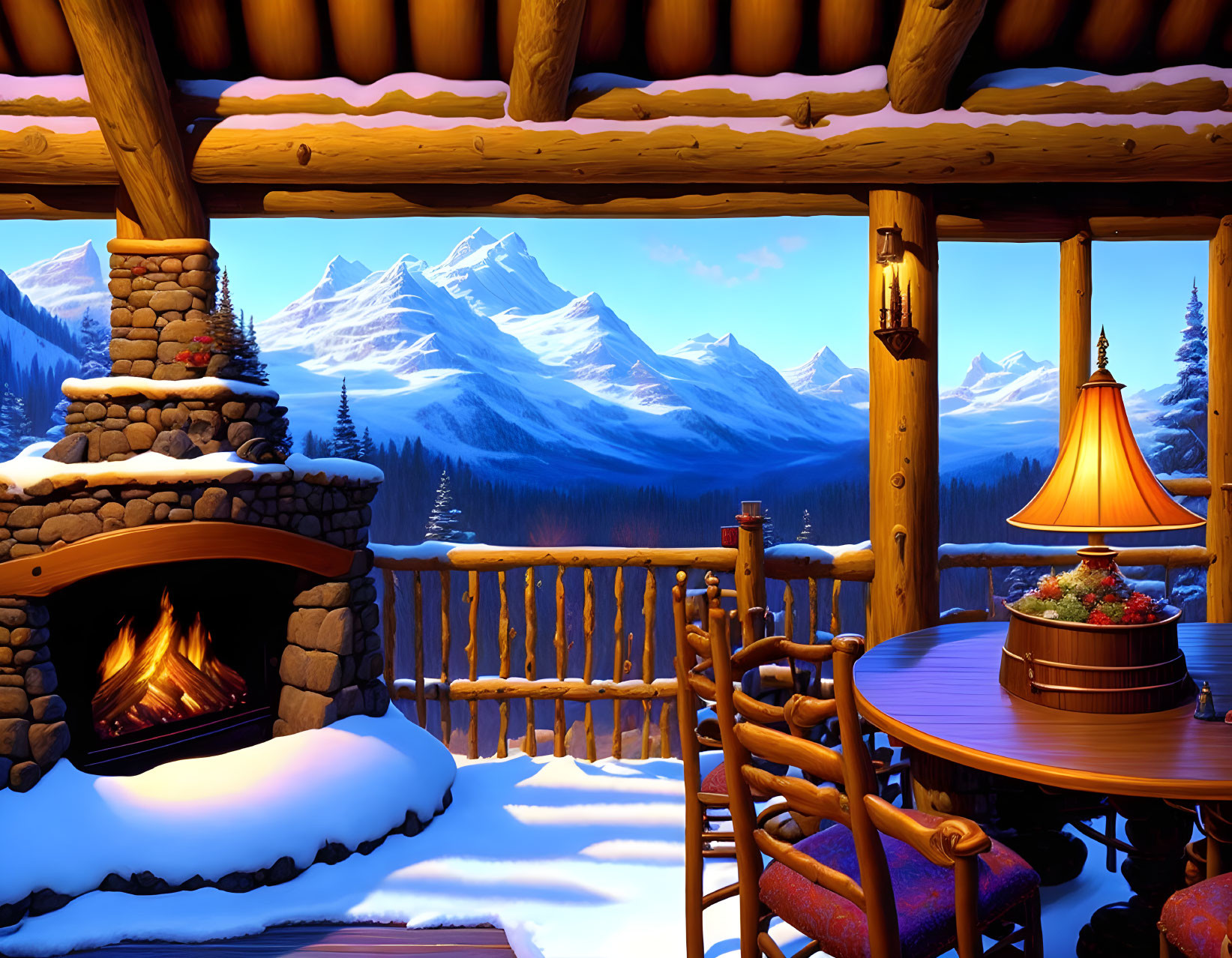 Mountain lodge porch with fireplace, lamp, and snowy peak view at dusk