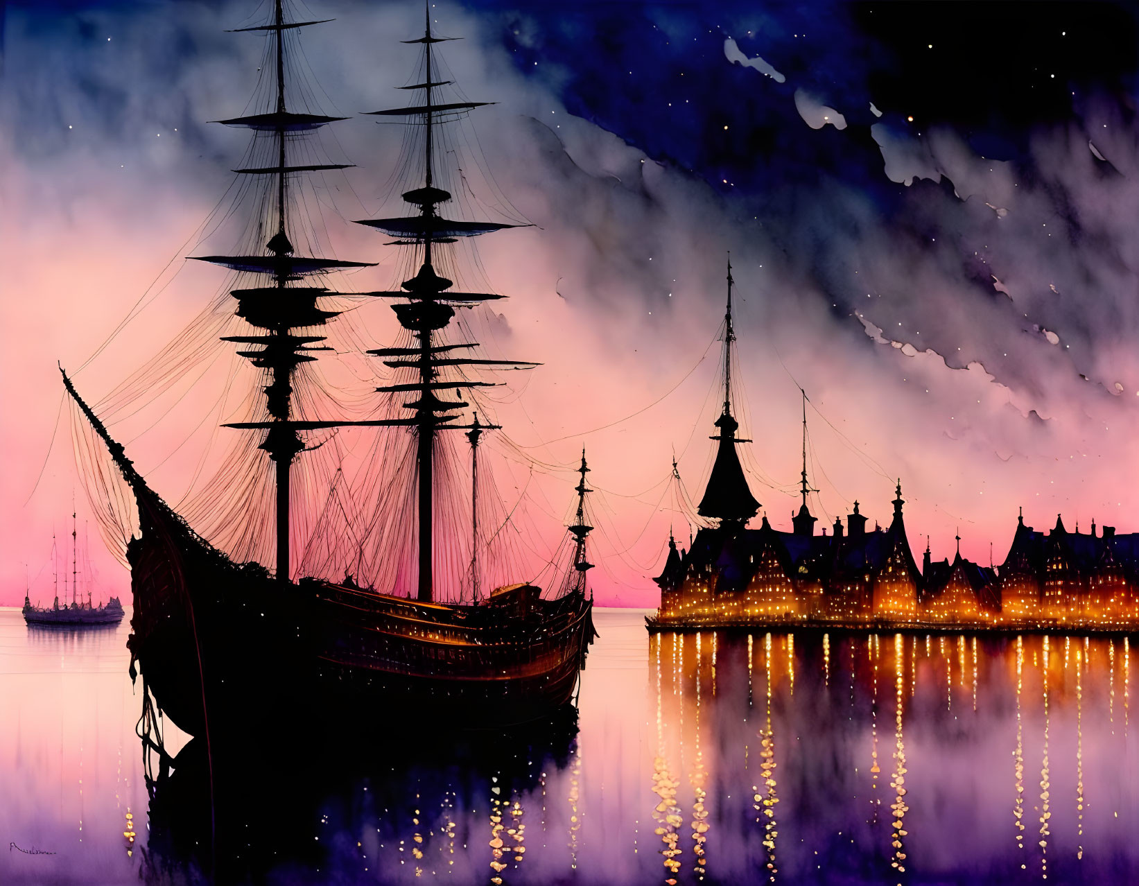 Twilight harbor scene with sailing ship and illuminated buildings