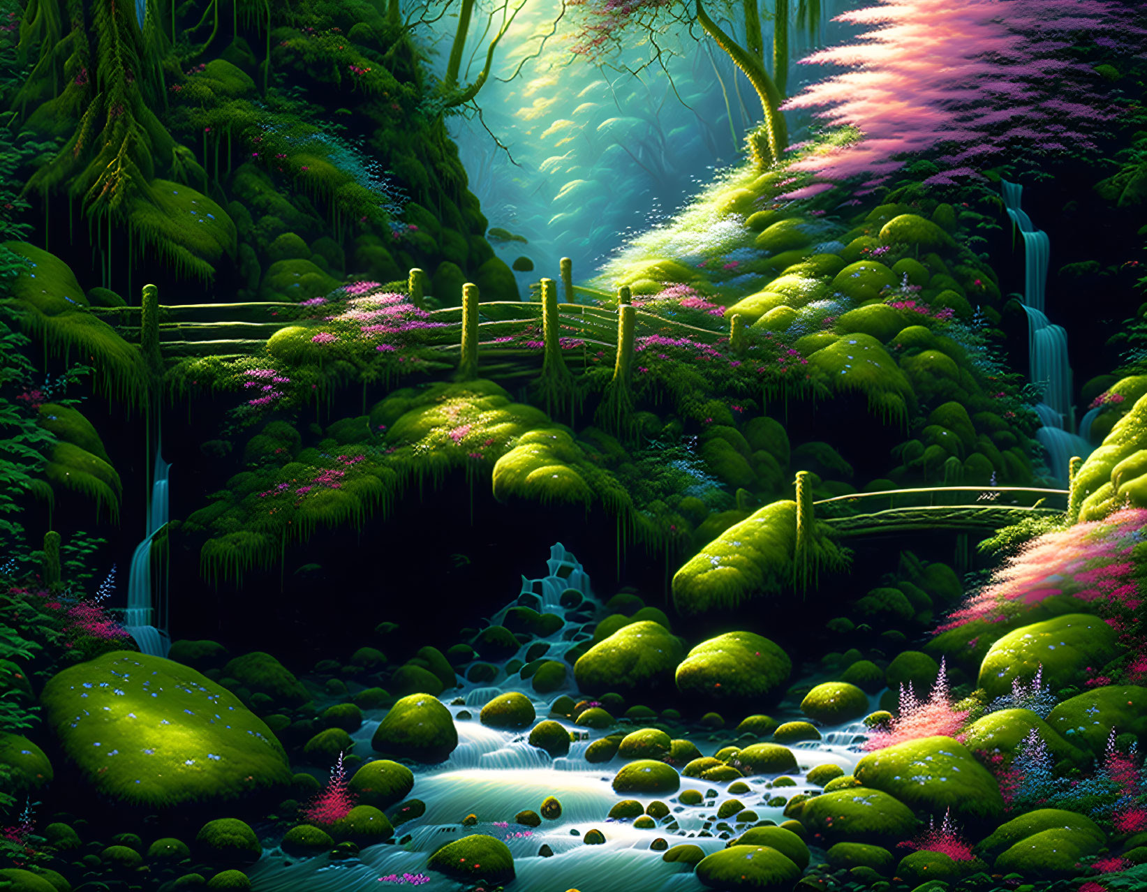 Lush forest scene with wooden bridge, waterfalls, and ethereal lighting