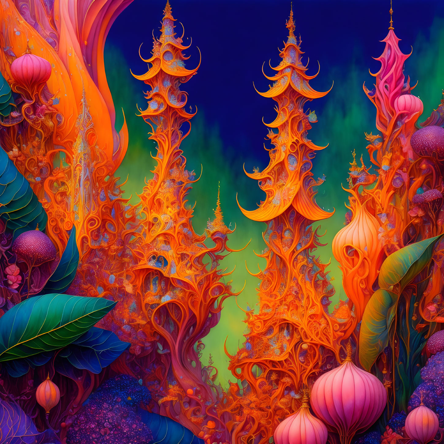 Surreal landscape with towering orange alien-like plants in vibrant colors