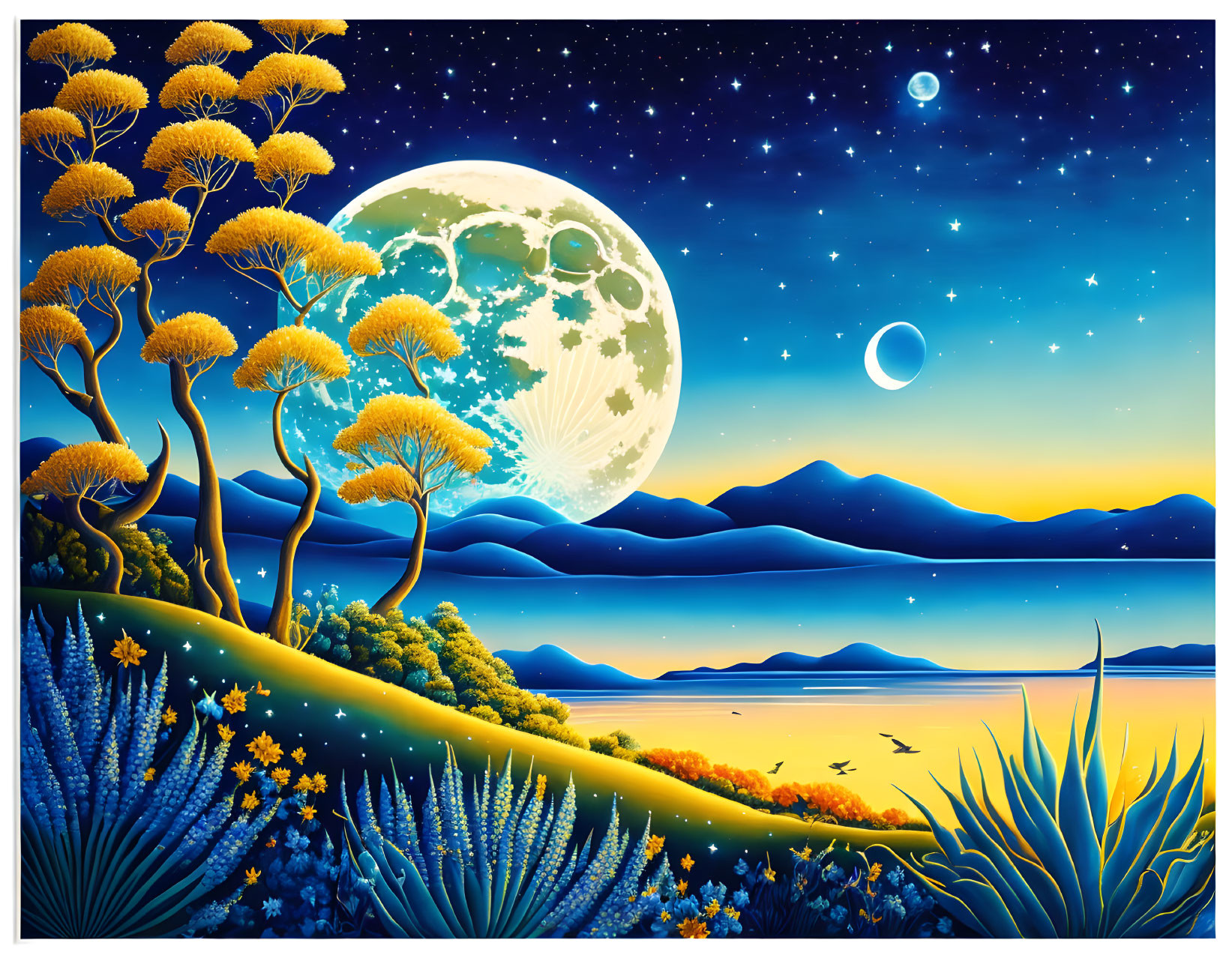 Surreal twilight landscape with moon, stars, trees, mountains, lake, and birds