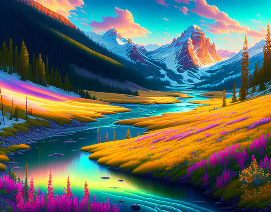 Colorful Fantasy Landscape with Luminous River and Snow-Capped Peaks