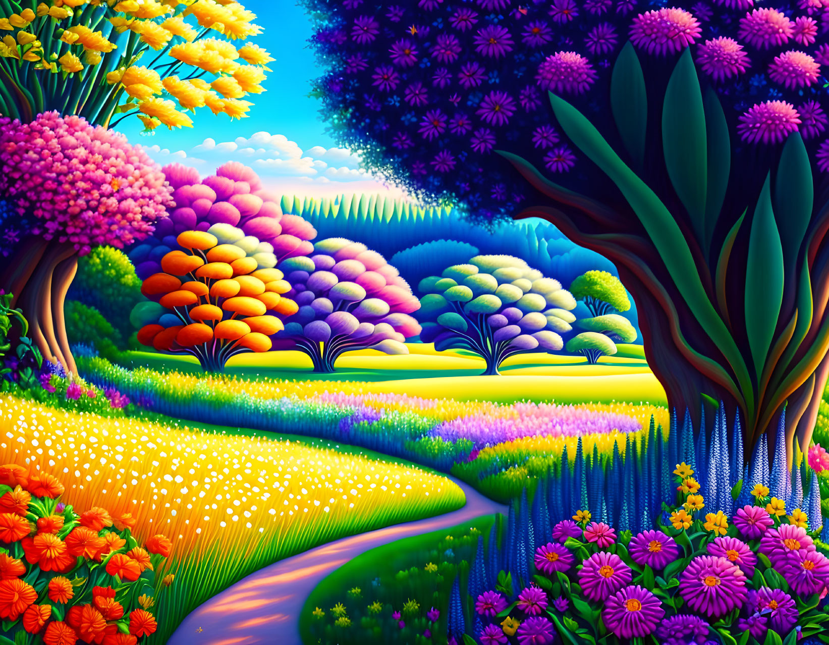 Colorful Landscape with Stylized Trees and Flowers in Purple, Yellow, Orange, and Blue H