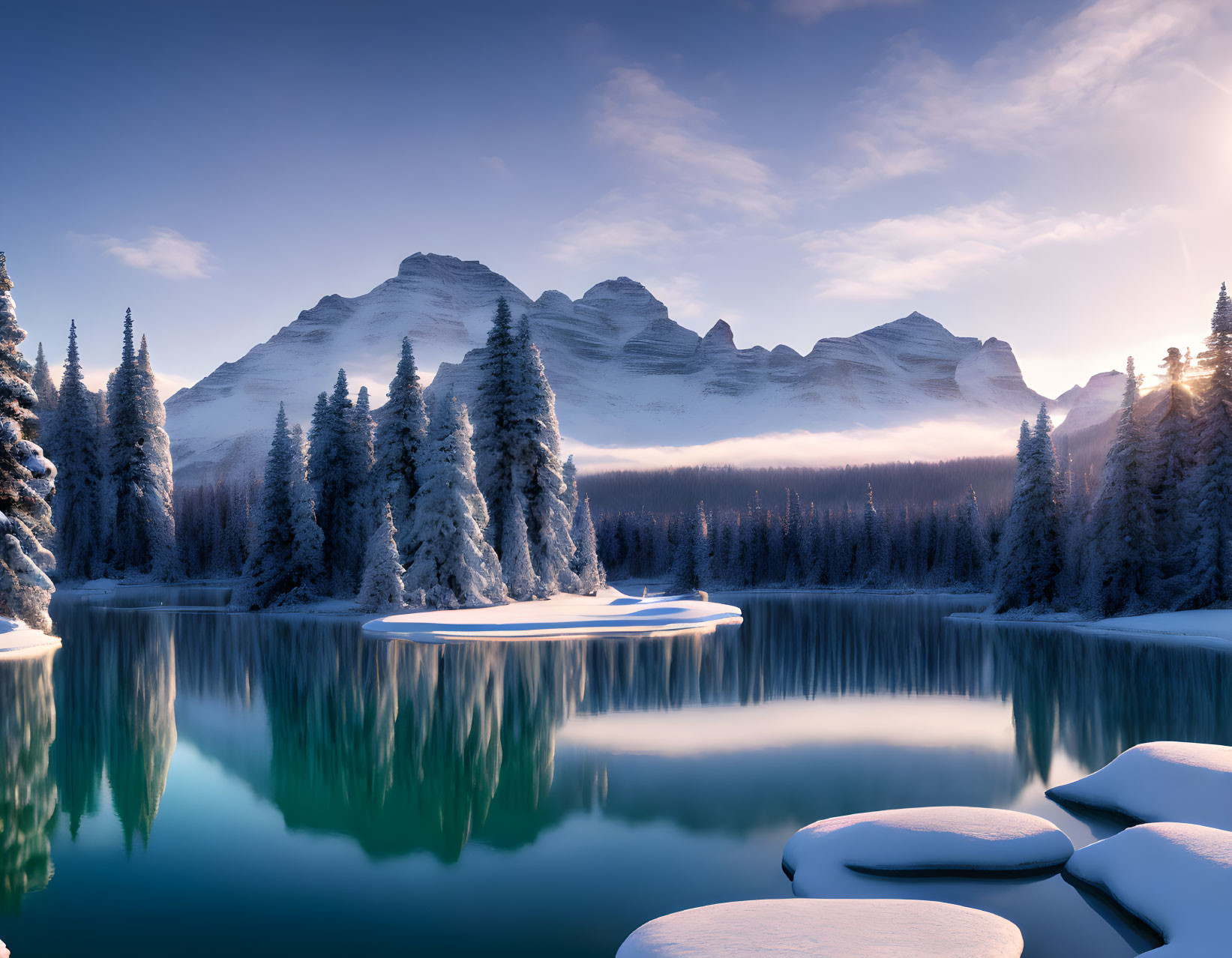 Snow-covered Trees, Turquoise Lake, and Majestic Mountains in Winter Landscape