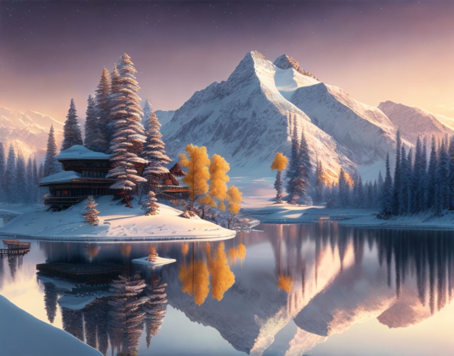 Winter cabin by still lake with snowy mountains and pink dawn sky