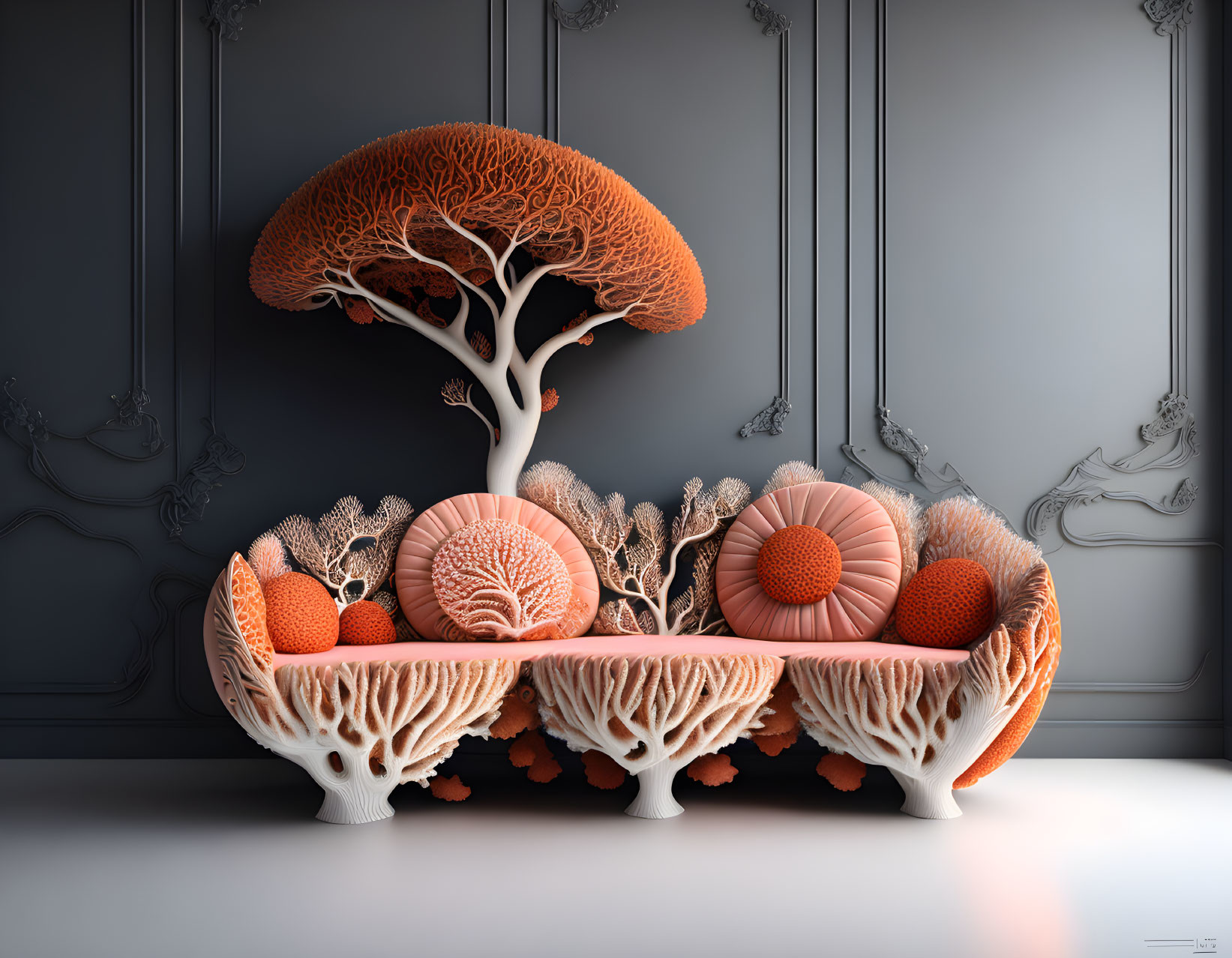 Coral-Inspired Furniture Set with Tree-Like Centerpiece in Grey Room