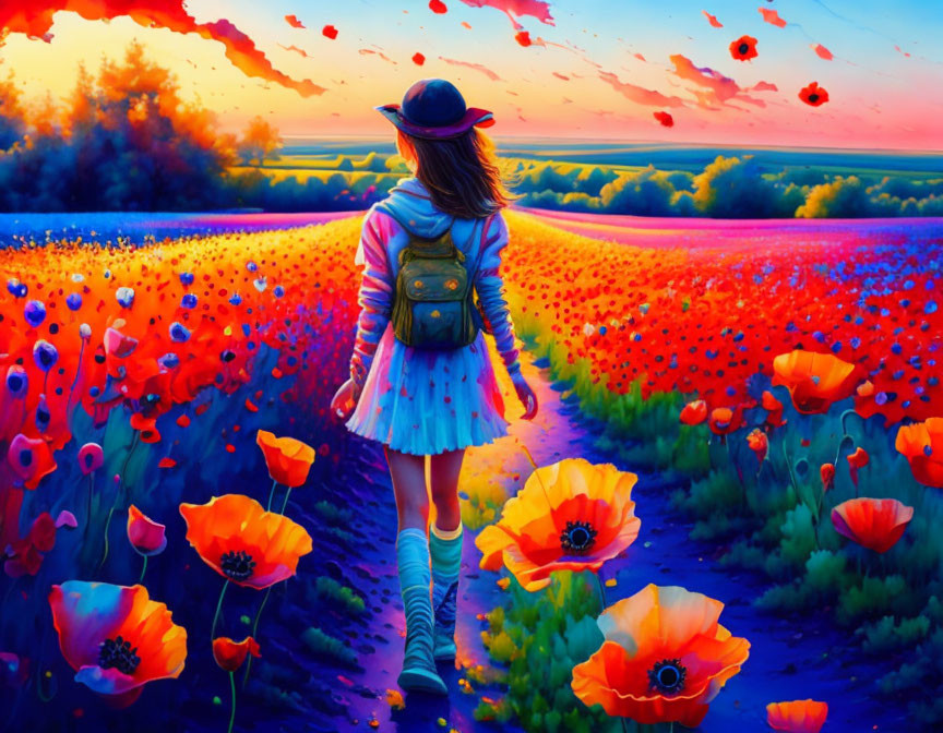 Colorful Poppy Field Painting Featuring Girl Walking at Sunset