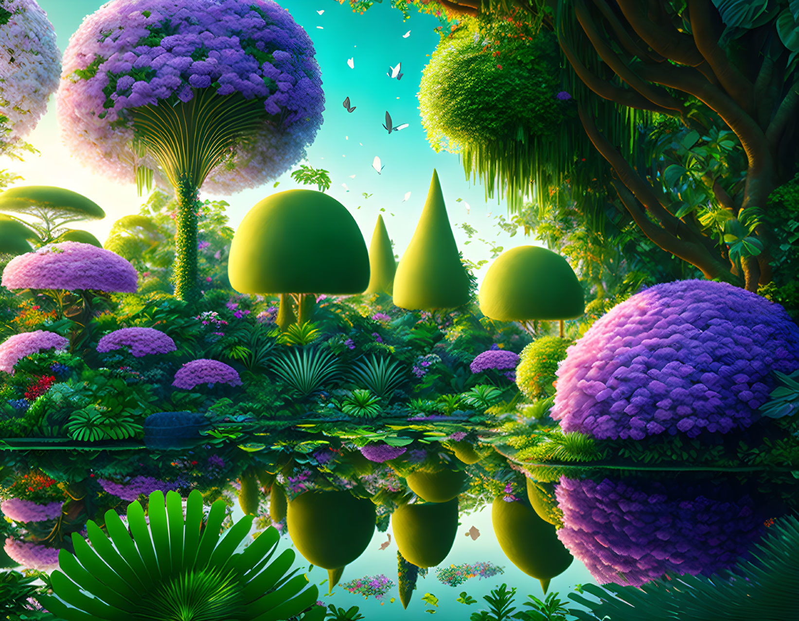 Fantastical landscape with oversized purple and green flora by tranquil water.