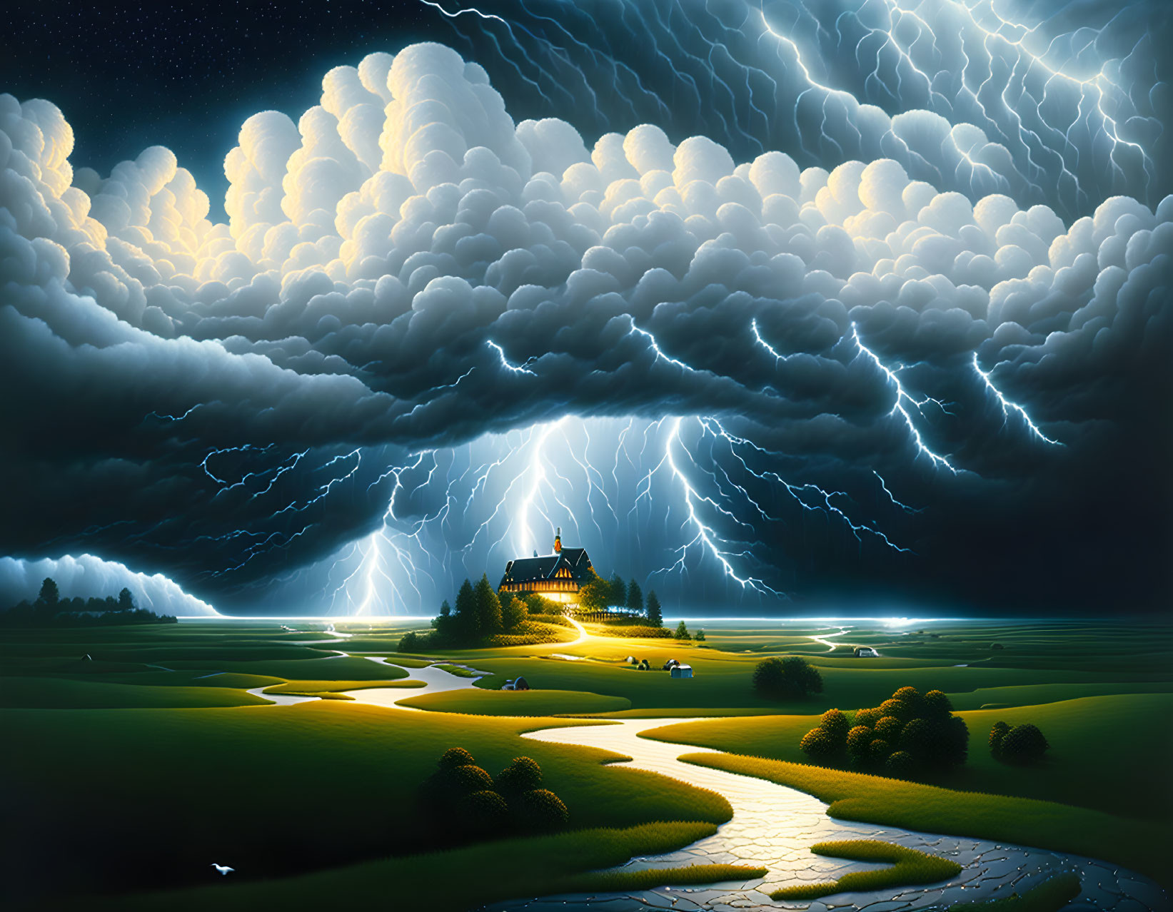 Stormy Night Landscape with House on Hilltop & Lightning