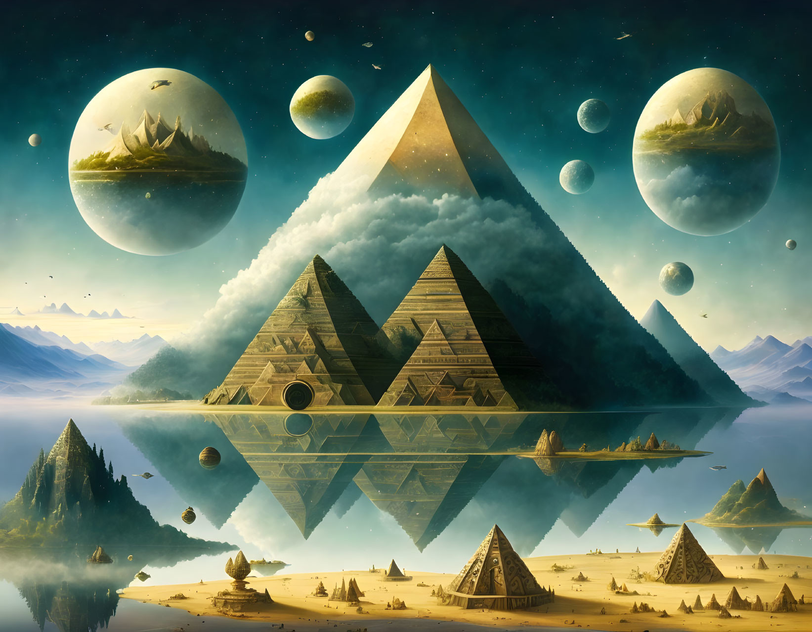 Surreal landscape with pyramids, floating islands, mountains, and planets reflected in water