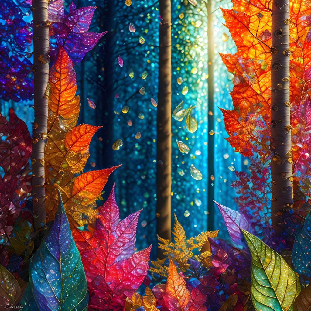 Colorful Sparkling Leaves in Luminescent Forest