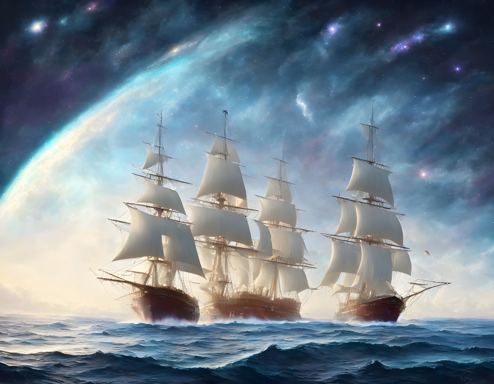 Majestic sailing ship under cosmic sky with aurora lights