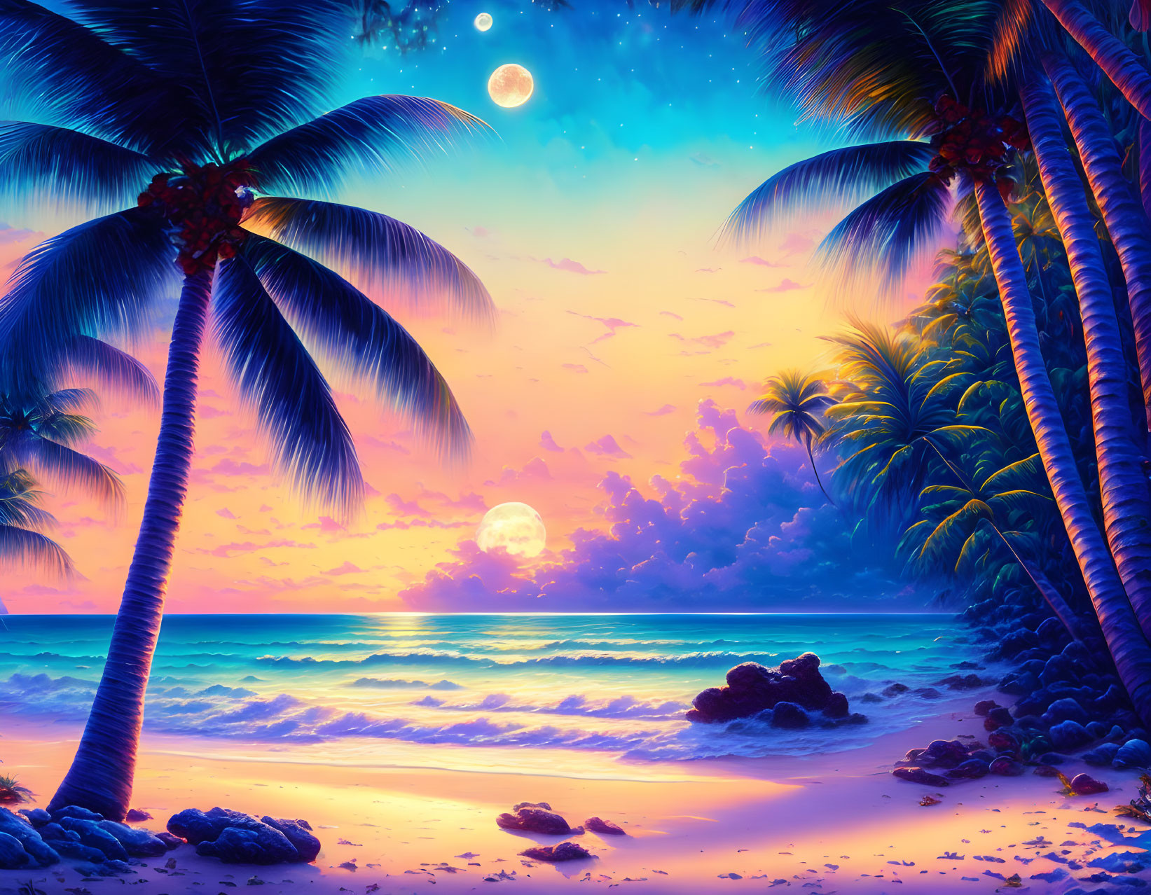 Colorful Twilight Beach Scene with Two Moons, Palm Trees, and Gentle Waves