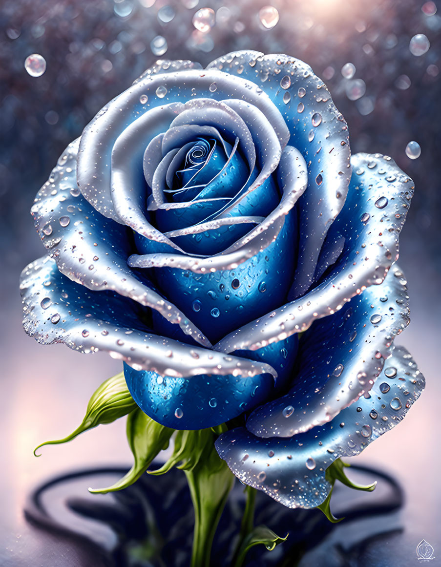 Blue Rose with Water Droplets on Soft Background Bokeh