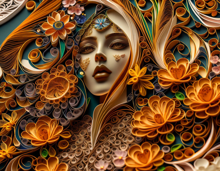 Colorful digital artwork: Woman's face blended with swirling patterns and orange flowers