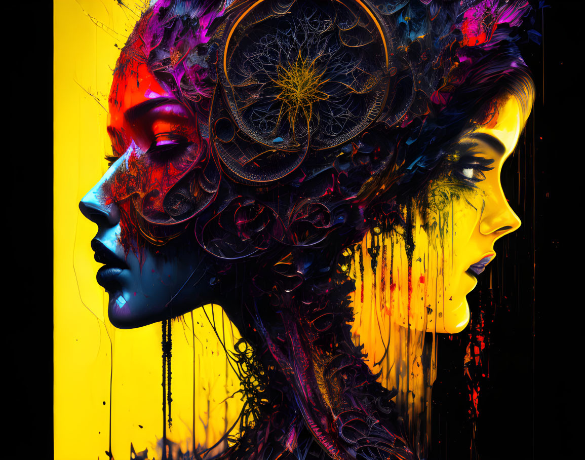 Colorful artwork: mechanical and floral profiles on yellow and black background