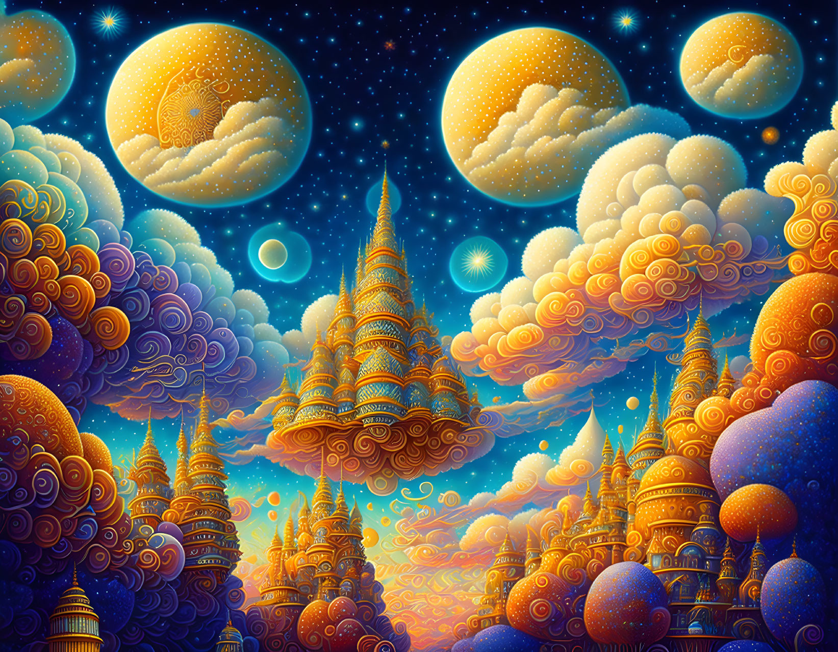 Fantastical landscape with golden towers in starry night sky