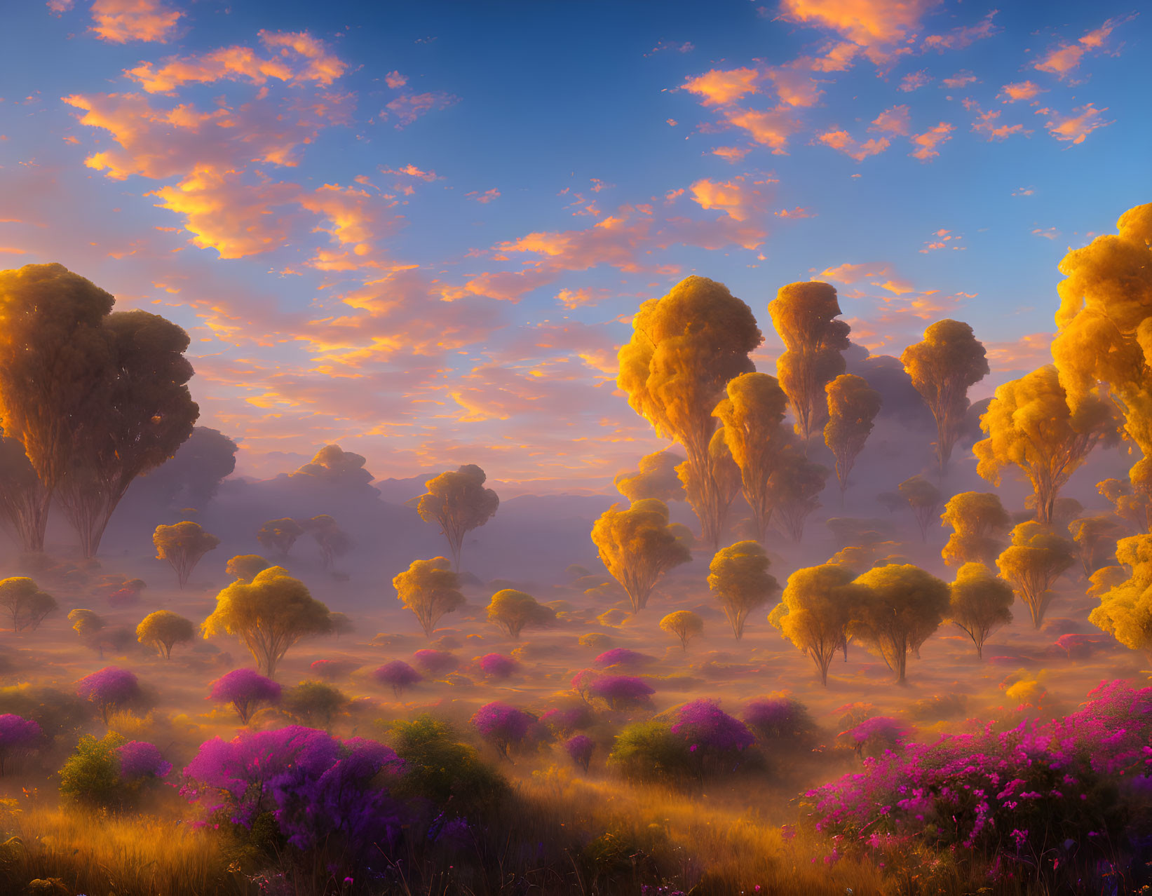 Vibrant sunset sky over golden trees and purple flowers