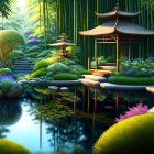 Serene garden scene with pond, pavilion, bamboo, and stepping stones