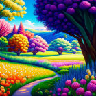 Colorful Landscape with Stylized Trees and Flowers in Purple, Yellow, Orange, and Blue H