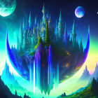 Floating Island with Crystal Spires in Starry Sky and Celestial Bodies