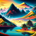 Surreal Asian pagodas in vibrant, colorful landscape with serene lake