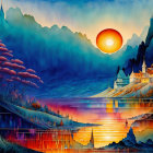 Colorful fantasy landscape with sunset, reflective lake, sailing boats, whimsical trees, and stylized