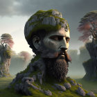 Giant Stone Head Covered in Greenery in Mystical Landscape