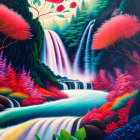 Colorful Fantasy Landscape with Waterfalls, River, and Unique Foliage