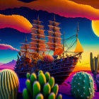 Surreal desert landscape with classic ship, cacti, and oversized sun