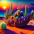 Shipwreck in desert with cacti under vibrant sunset and moon